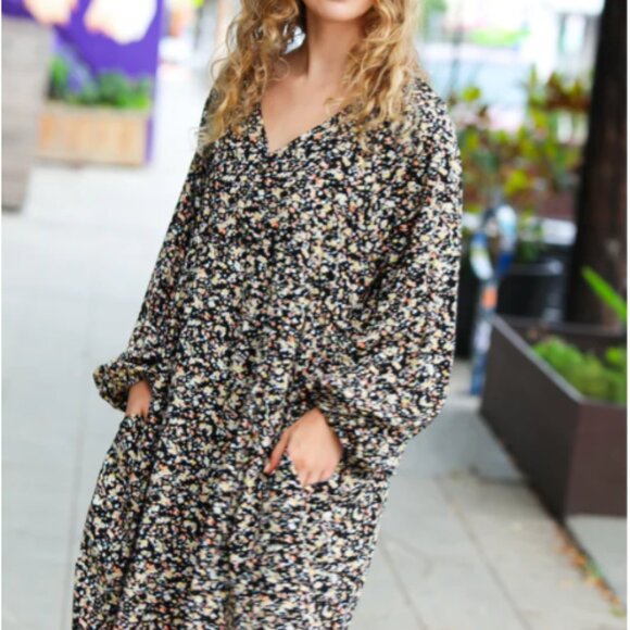 HAPTICS Black Floral V Neck Raglan Babydoll Dress SMALL - Picture 5 of 5